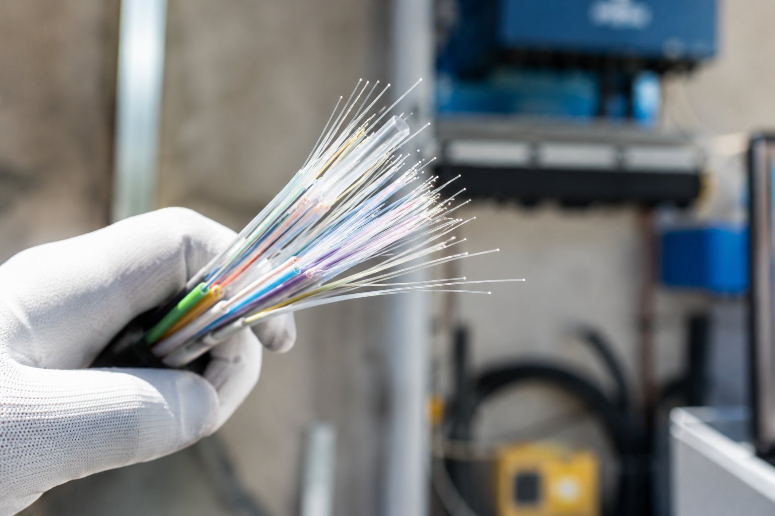 Faisceau de fibres optiques dénudées tenu par une main gantée de blanc