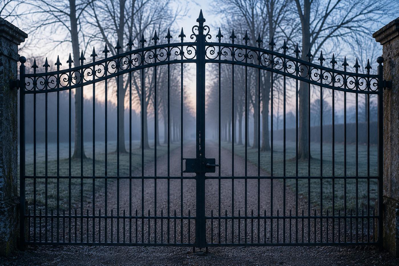 Grille de parc fermée au petit matin, allée déserte derrière les barreaux