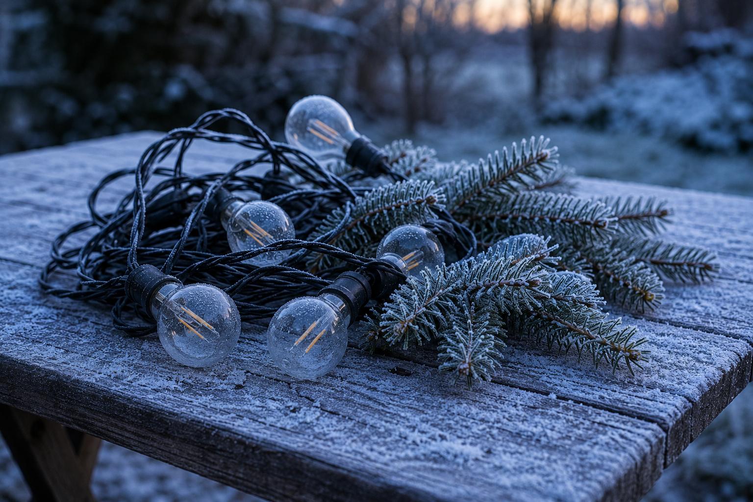 Guirlande d’ampoules et branches de sapin sur une table givrée