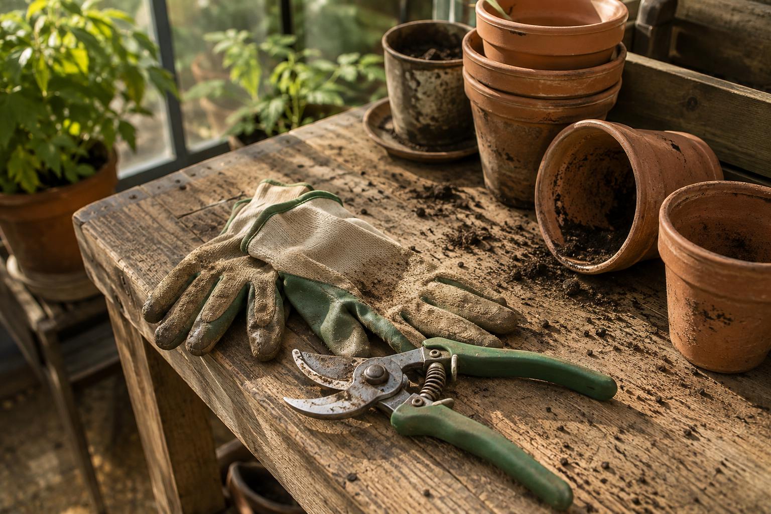 Sécateur et gants de jardin sur un banc de rempotage en bois