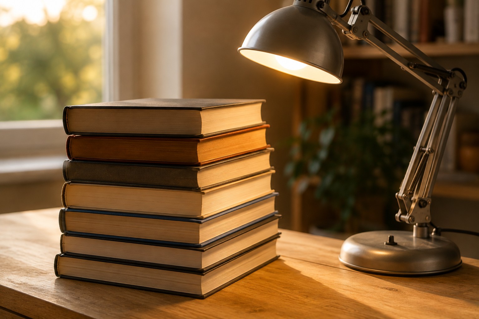 Pile de livres reliés et lampe d’architecte sur une table de bois