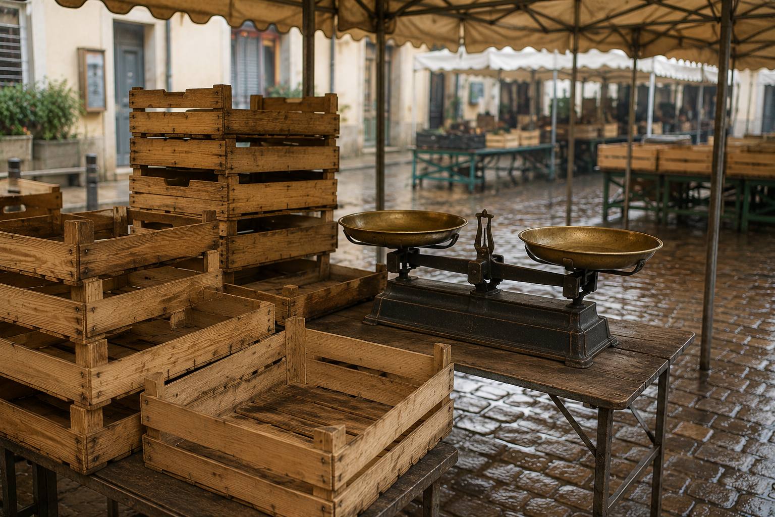 Cagettes vides empilées et balance ancienne sous un auvent de marché