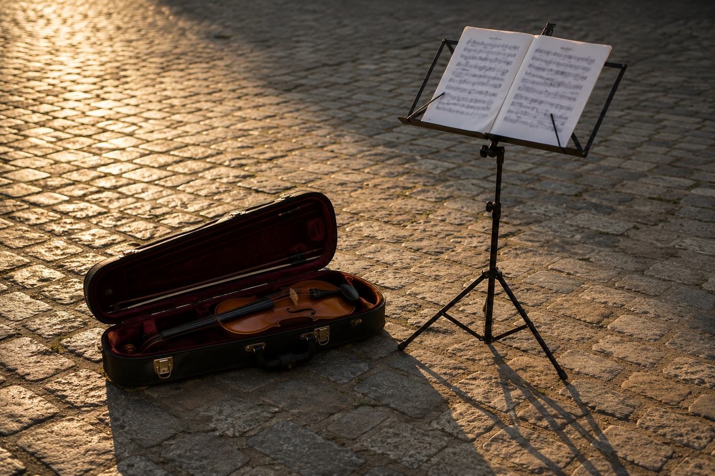 Étui de violon ouvert et pupitre pliant sur des pavés, dans une cour