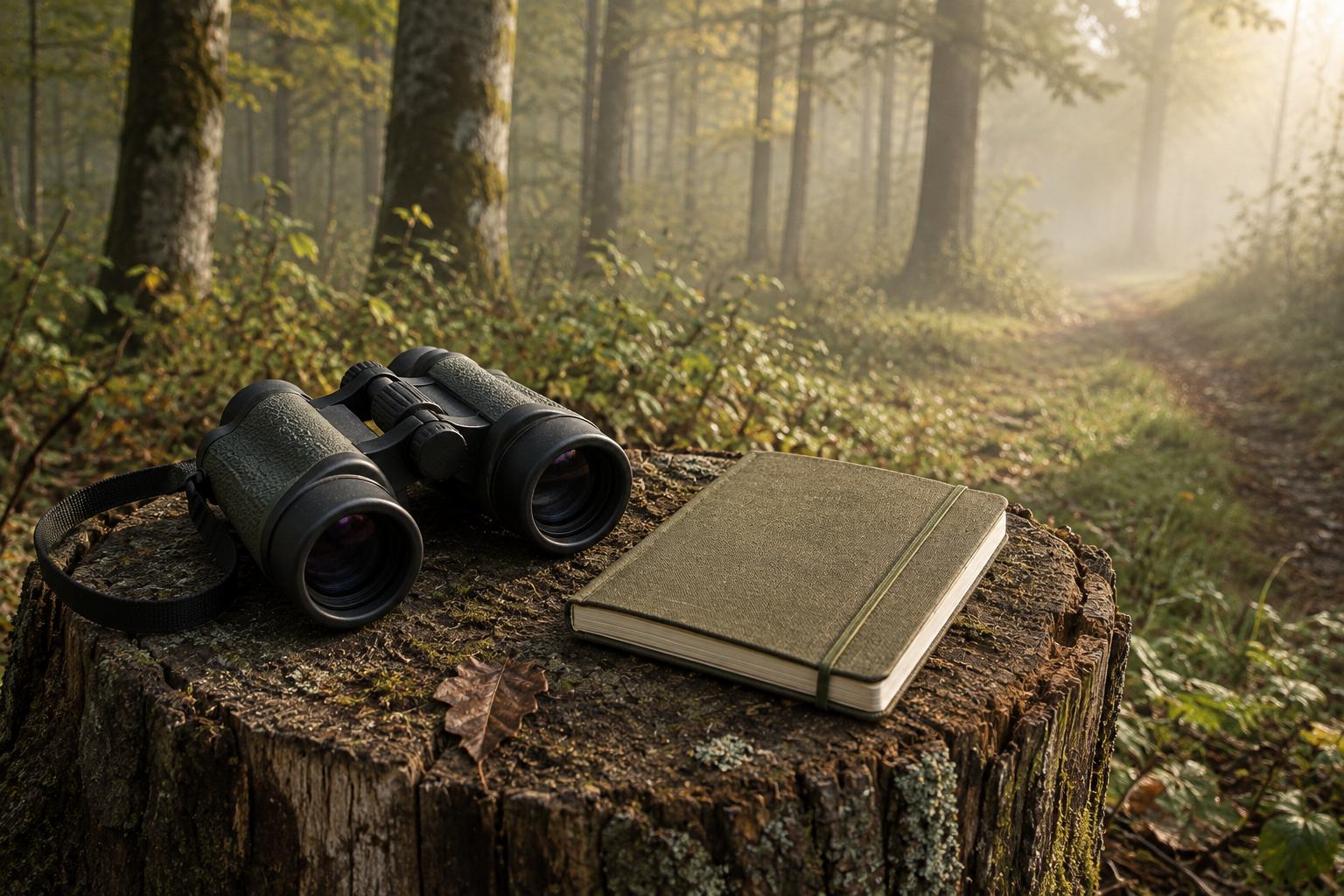 Jumelles et carnet posés sur une souche, en lisière de forêt