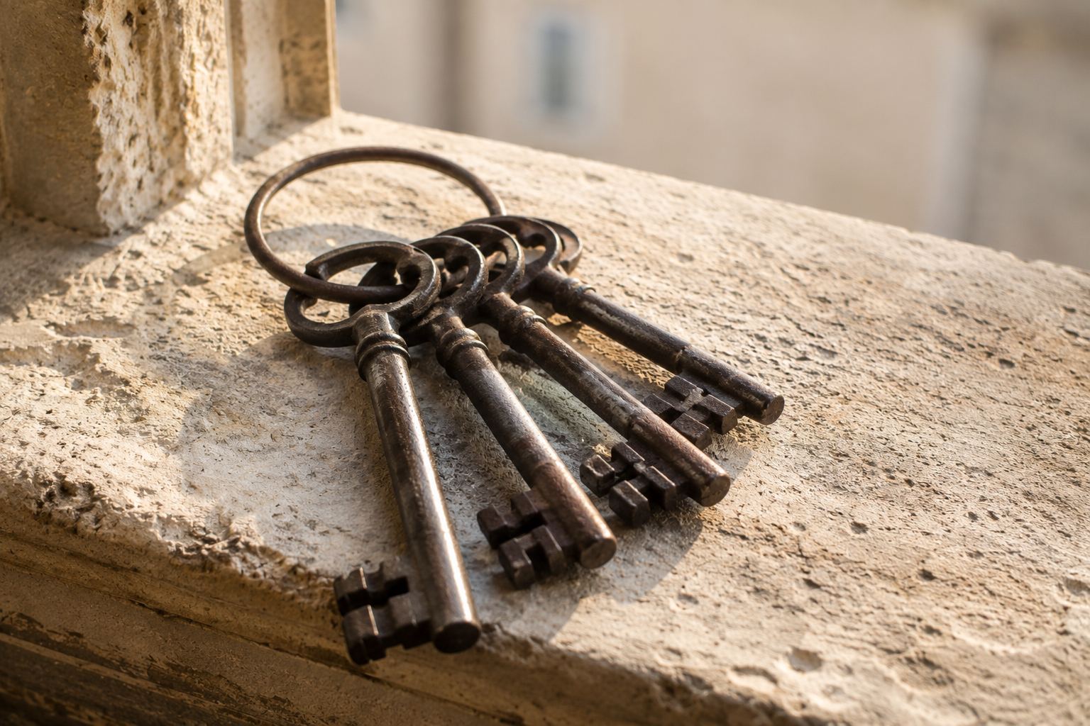 Trousseau de clés anciennes posé sur un appui de fenêtre en pierre
