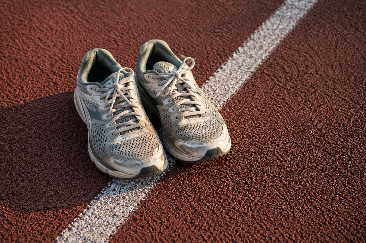 Paire de chaussures de course posée sur une ligne blanche de piste